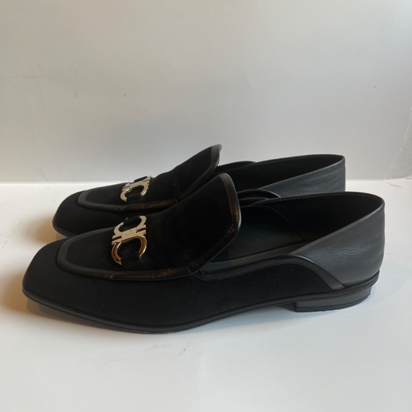 SALVATORE FERRAGAMO Lana Gancini Square Toe Block heel Loafers Black Gray Shoes - Picture 5 of 15